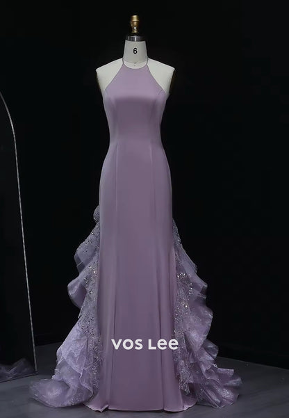 Couture & Ornate Pleated Halter Sequins Mermaid Evening Dresses with Sweep Train
