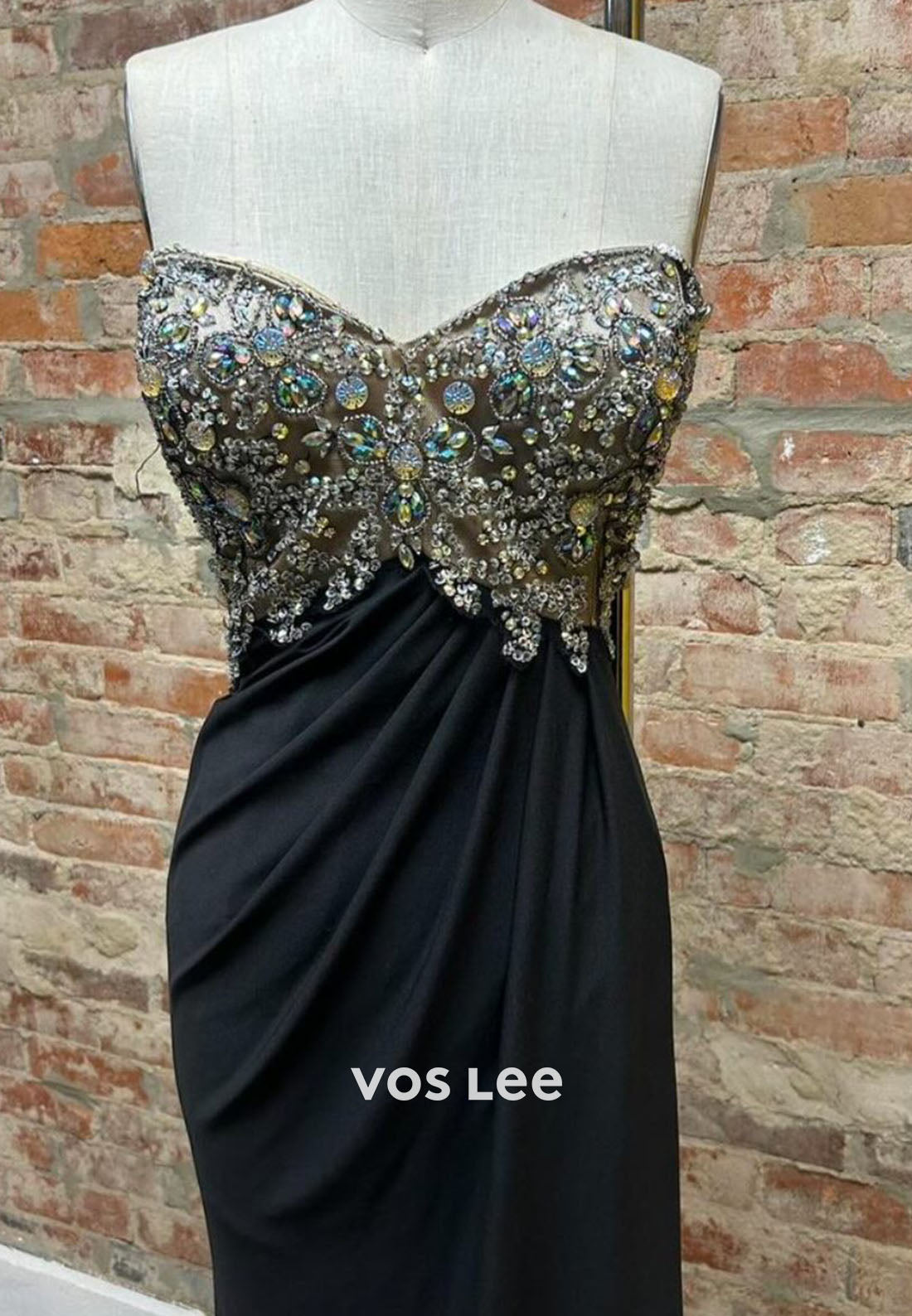 Sweetheart Ceystals Beading Pleat Black Evening Dress