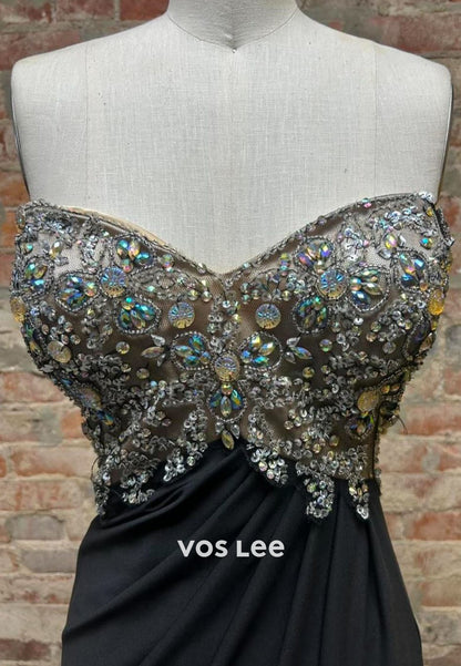Sweetheart Ceystals Beading Pleat Black Evening Dress