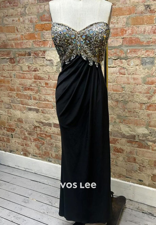 Sweetheart Ceystals Beading Pleat Black Evening Dress