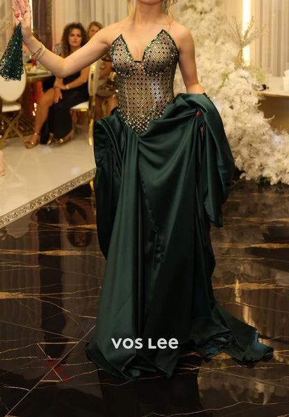 Emerald Green Sweetheart Sequins A Line Floor-Length Evening Dresses Prom Dress