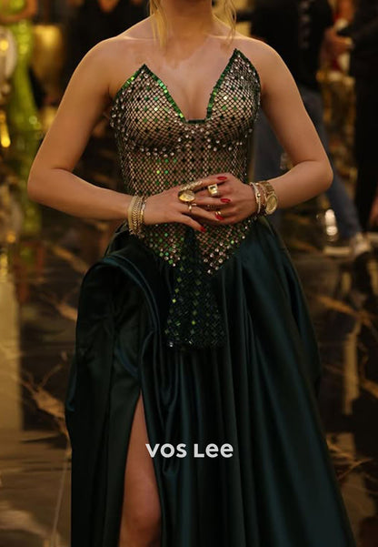 Emerald Green Sweetheart Sequins A Line Floor-Length Evening Dresses Prom Dress