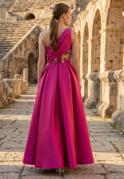 Charming Floral Appliques One Shoulder Train Evening Dress