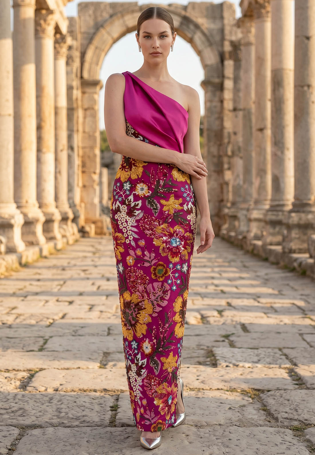 Charming Floral Appliques One Shoulder Train Evening Dress