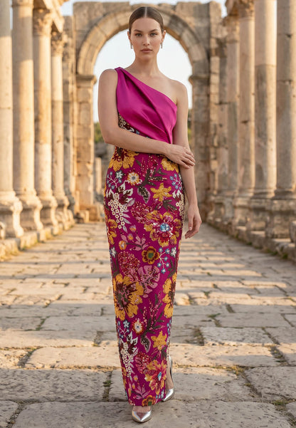 Charming Floral Appliques One Shoulder Train Evening Dress