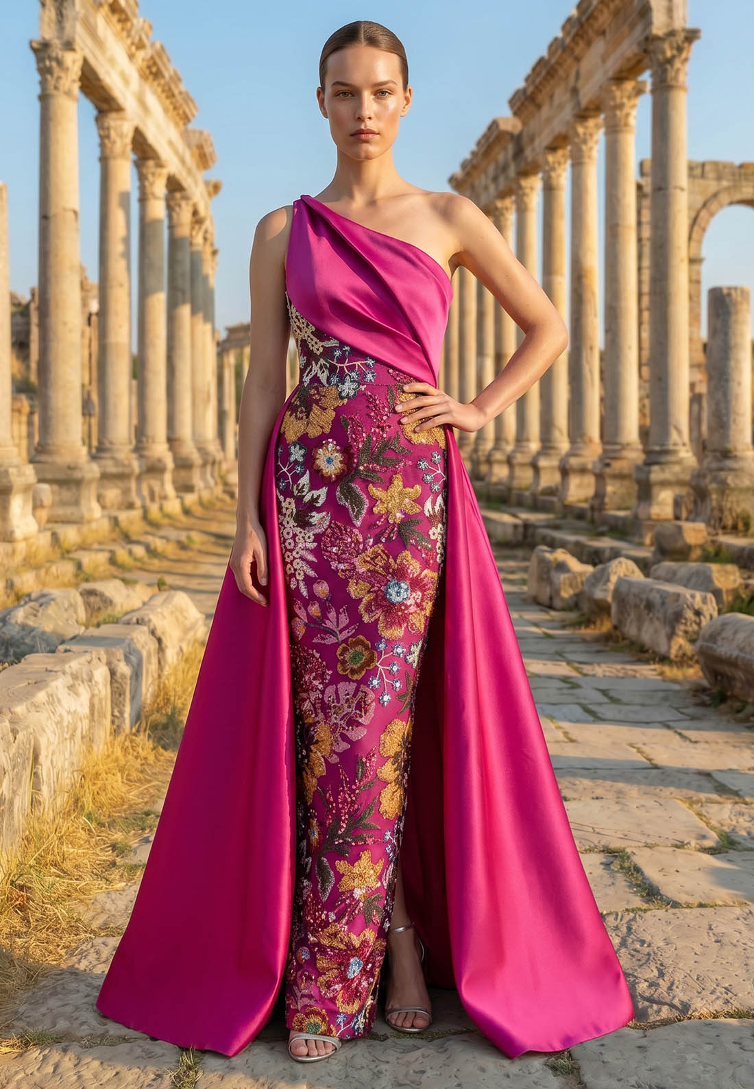 Charming Floral Appliques One Shoulder Train Evening Dress