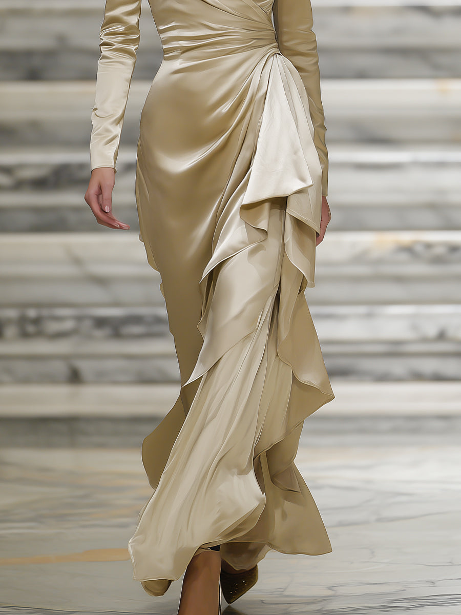 Champagne Satin Wrap Gown With Draped Ruffle Detail