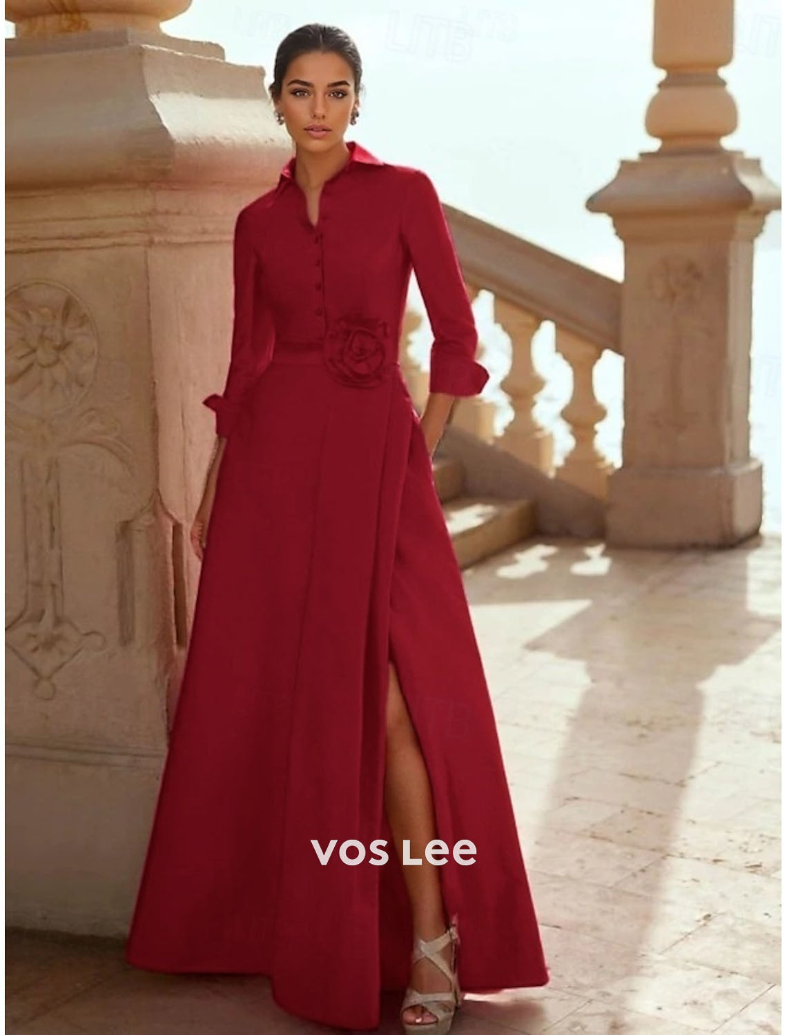 Emerald Green Satin 3/4 Sleeve Collared Formal Gown with Slit & Floral Dress