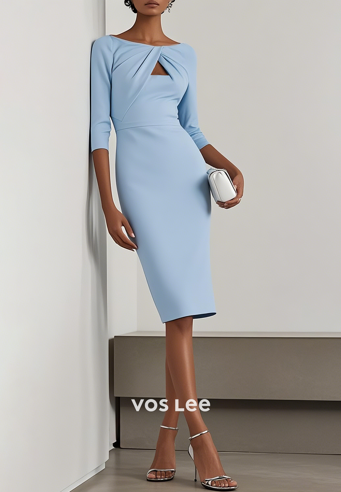 Classic & Simple 3/4 Sleeve Scoop Knee-Length Pleated Sheath Wedding Guest Dresses
