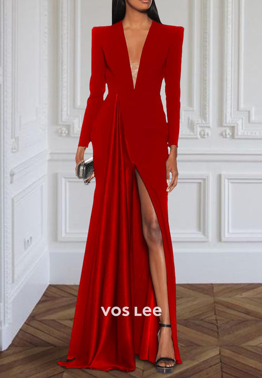 Glamorous & Dramatic A-Line Low V-Neck Pleated Evening Dress with High Slit