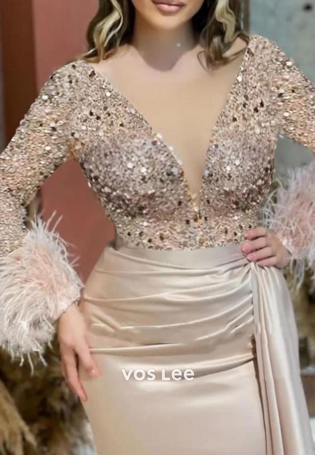 Sparkling V Neck Long Sleeves feather Mermaid Evening Dress with Court Train