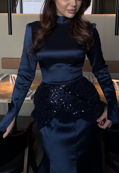 Navy Blue High Neck Evening Gown | Long Sleeve Satin Mermaid Dress with Beaded Waist