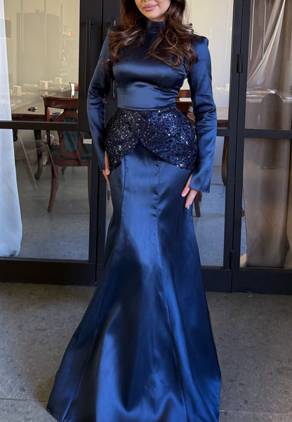 Navy Blue High Neck Evening Gown | Long Sleeve Satin Mermaid Dress with Beaded Waist