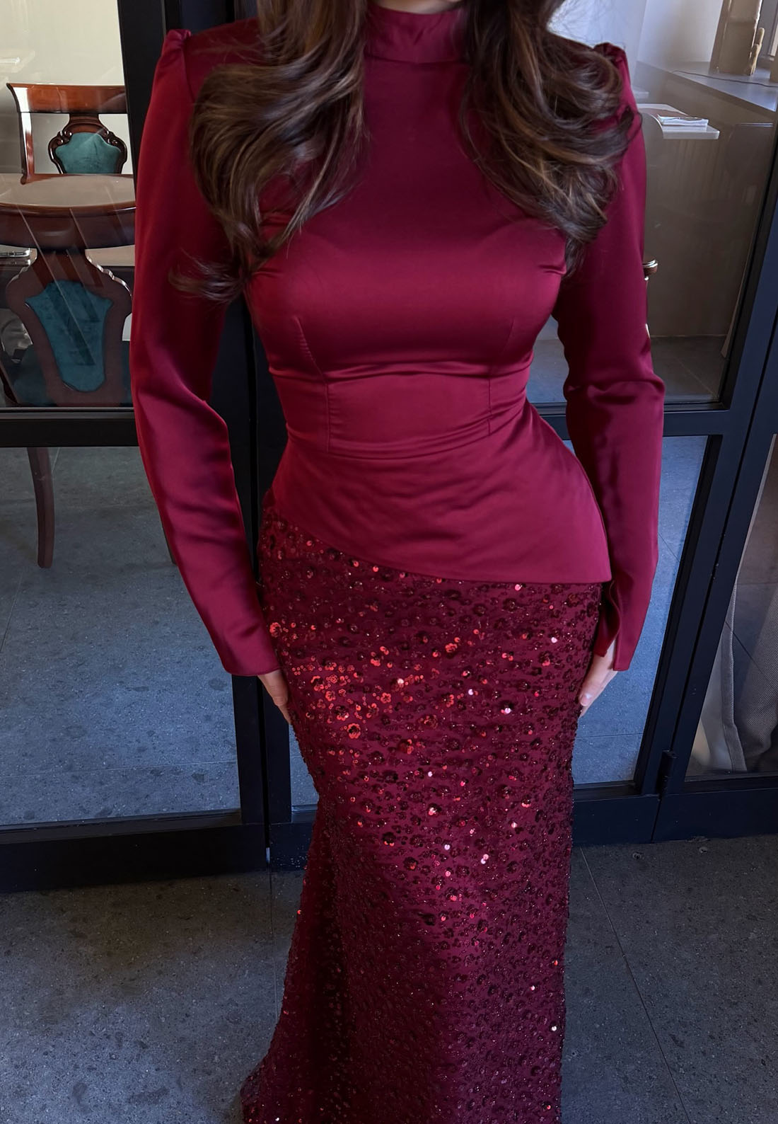 Burgundy High Neck Evening Gown | Long Sleeve Sequin Mermaid Prom Dress