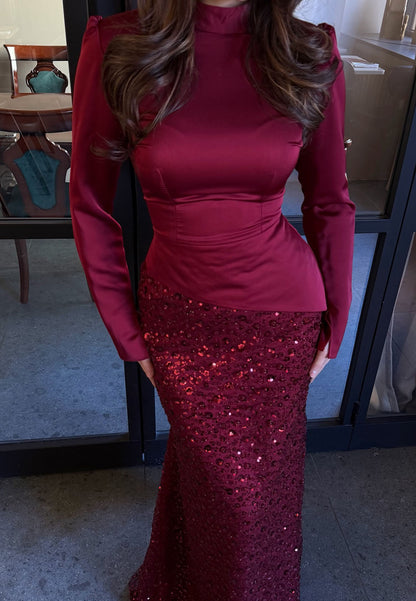 Burgundy High Neck Evening Gown | Long Sleeve Sequin Mermaid Prom Dress