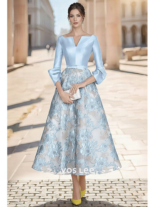 Royal Blue V-Neck Tea Length Gown | 3/4 Sleeve Floral Brocade Formal Dress