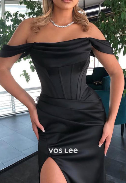 Classic & Timeless Off-Shoulder Pleated Prom Dresses Formal Dresses  with Side Split