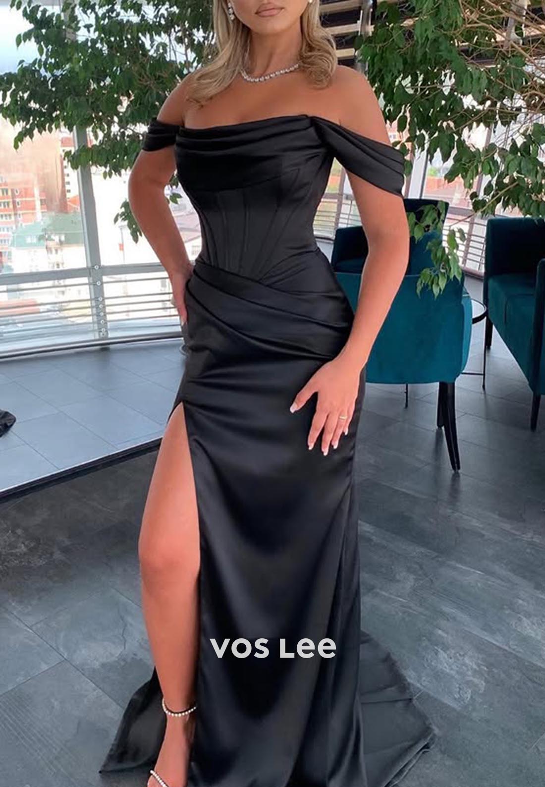 Classic & Timeless Off-Shoulder Pleated Prom Dresses Formal Dresses  with Side Split