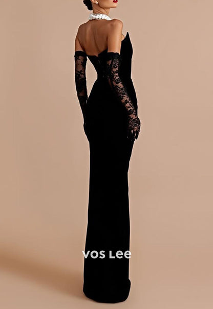 Sexy & Hot Black V-Neck Mermaid Prom Dresses with Lace Long gloves