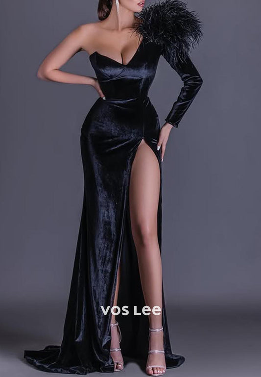 Hot Black One Shoulder Long Sleeves feather Mermaid Prom Dresses with Side Split