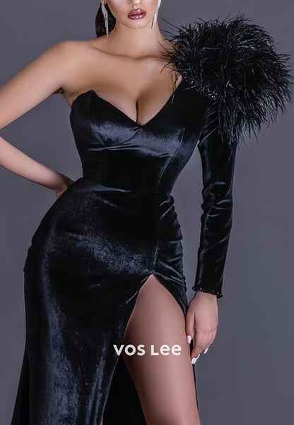 Hot Black One Shoulder Long Sleeves feather Mermaid Prom Dresses with Side Split