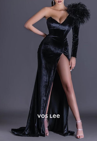 Hot Black One Shoulder Long Sleeves feather Mermaid Prom Dresses with Side Split