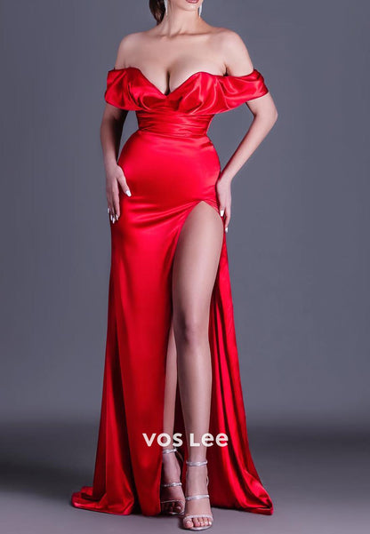 Gorgeous & Charming  Off-Shoulder Ruched Mermaid Prom Dresses with Split