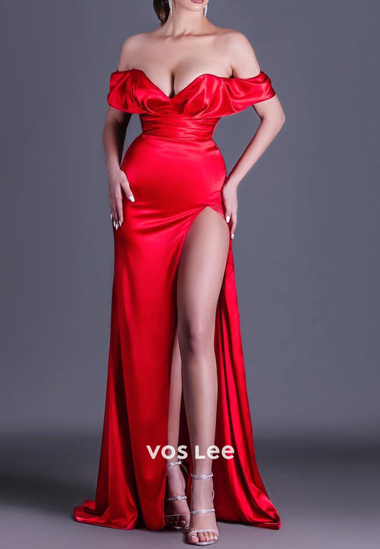 Gorgeous & Charming  Off-Shoulder Ruched Mermaid Prom Dresses with Split