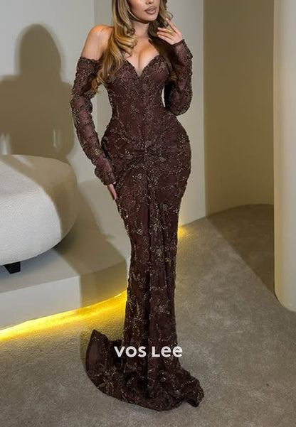 Glitter Sweetheart Fully Lace Beaded Mermaid Evening Dress With Detachble Sleeves