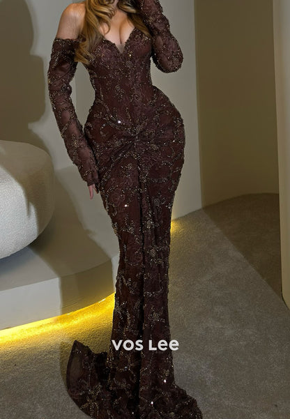 Glitter Sweetheart Fully Lace Beaded Mermaid Evening Dress With Detachble Sleeves