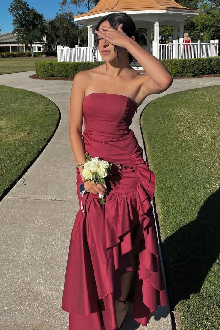 Burgundy Asymmetrical Layered Slit Dress