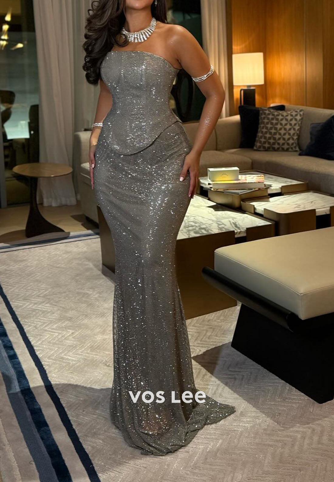 Sparking Sexy Crystals Strapless Meimaid Long Party Dress Prom Dress