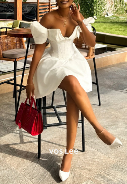 Mini & Short A-Line V Neck Short Sleeve Empire Pleated Wedding Dresses