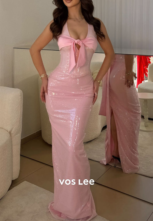 Pink Sequin Halter Bow Mermaid Prom Dress, Cutout Bodycon Formal Evening Gown