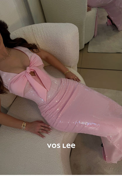 Pink Sequin Halter Bow Mermaid Prom Dress, Cutout Bodycon Formal Evening Gown