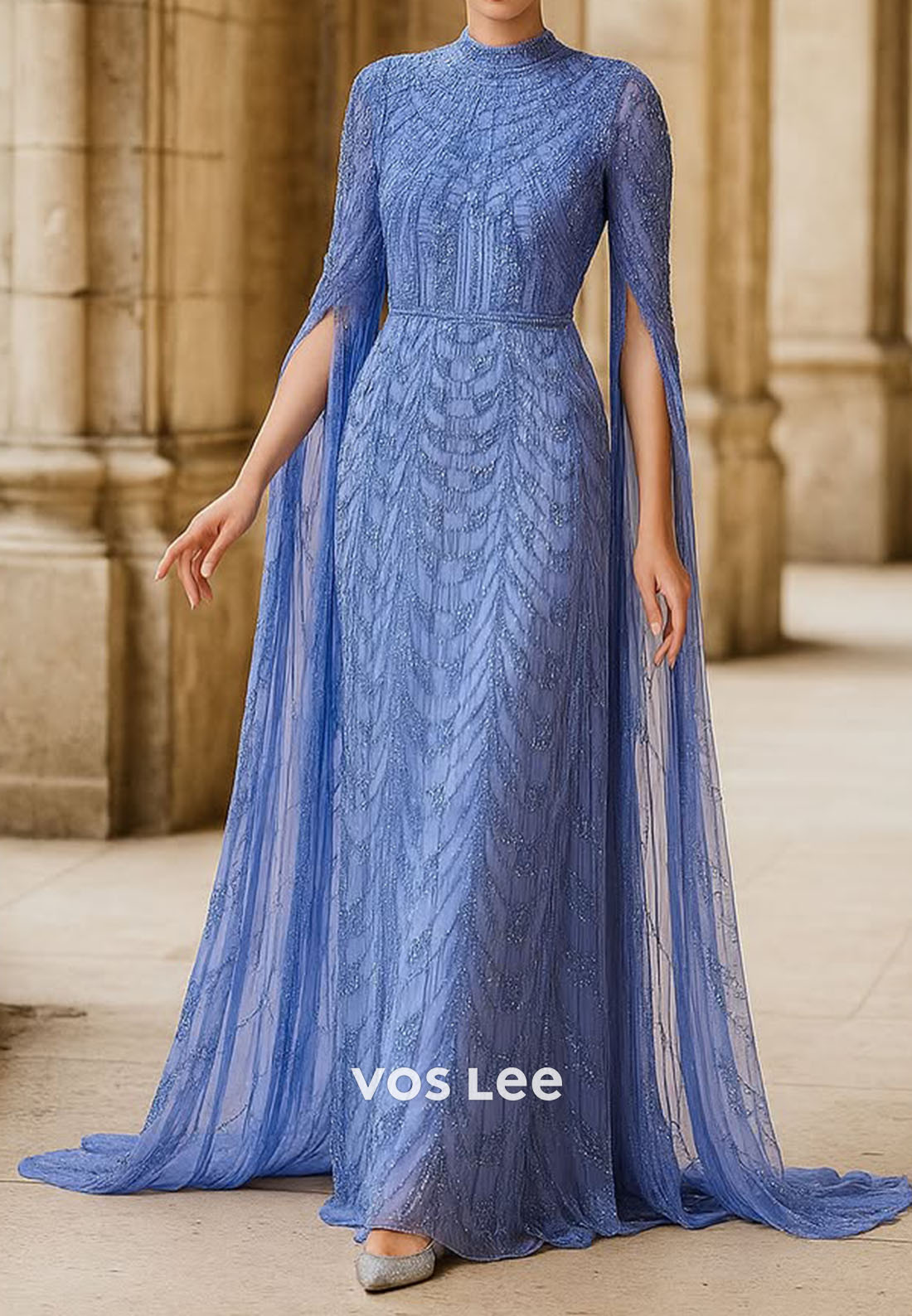 Sparkling O Neck Long Sleeves Beading Mermaid Floor-Length Evening Dresses Mother Dress for Wedding