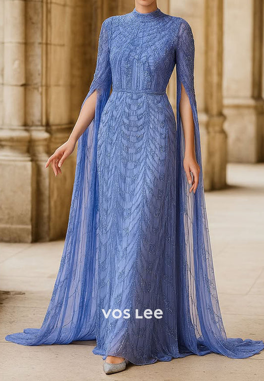 Sparkling O Neck Long Sleeves Beading Mermaid Floor-Length Evening Dresses Mother Dress for Wedding