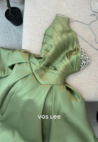 A-Line Long Sleeve One Shoulder Rhinestone Pleated Ankle-Length Evening Dresses