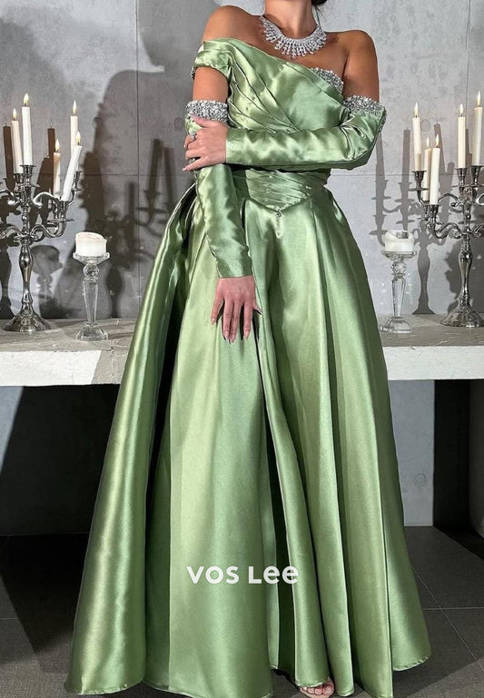 A-Line Long Sleeve One Shoulder Rhinestone Pleated Ankle-Length Evening Dresses