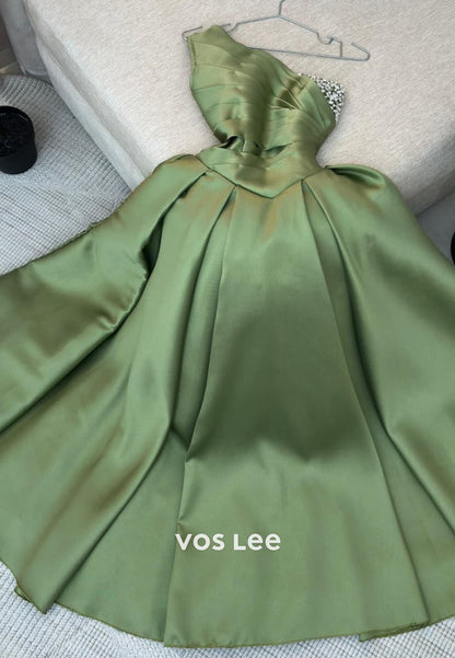 A-Line Long Sleeve One Shoulder Rhinestone Pleated Ankle-Length Evening Dresses