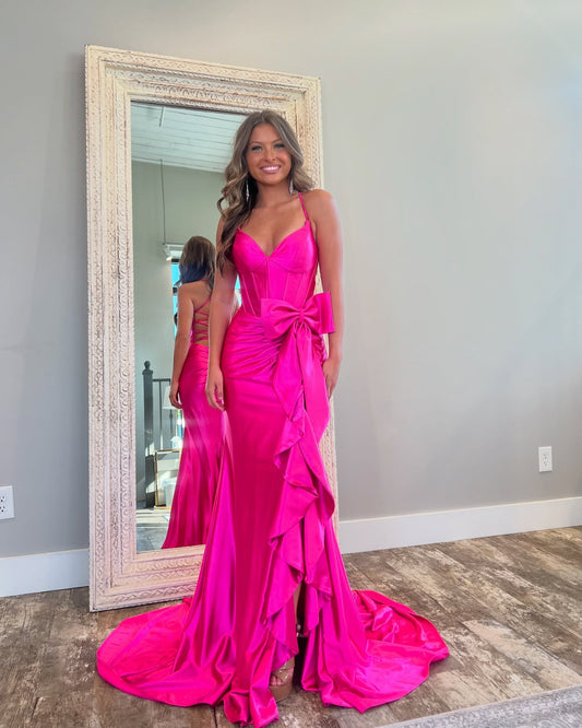 Spaghetti Straps V-Neck Ruffles with Train Evening Dress Formal Party Prom Gown