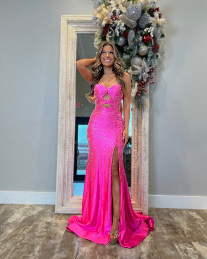 Sparkle Sequined Strapless Trumpet with Train Evening Dress Formal Party Prom Gown