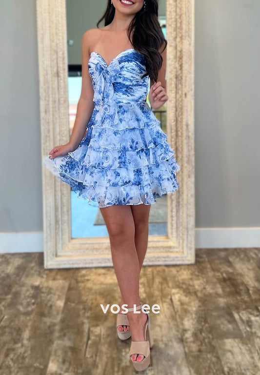 A-Line Sweetheart Bowknot Embellished Tiered Homecoming Dresses