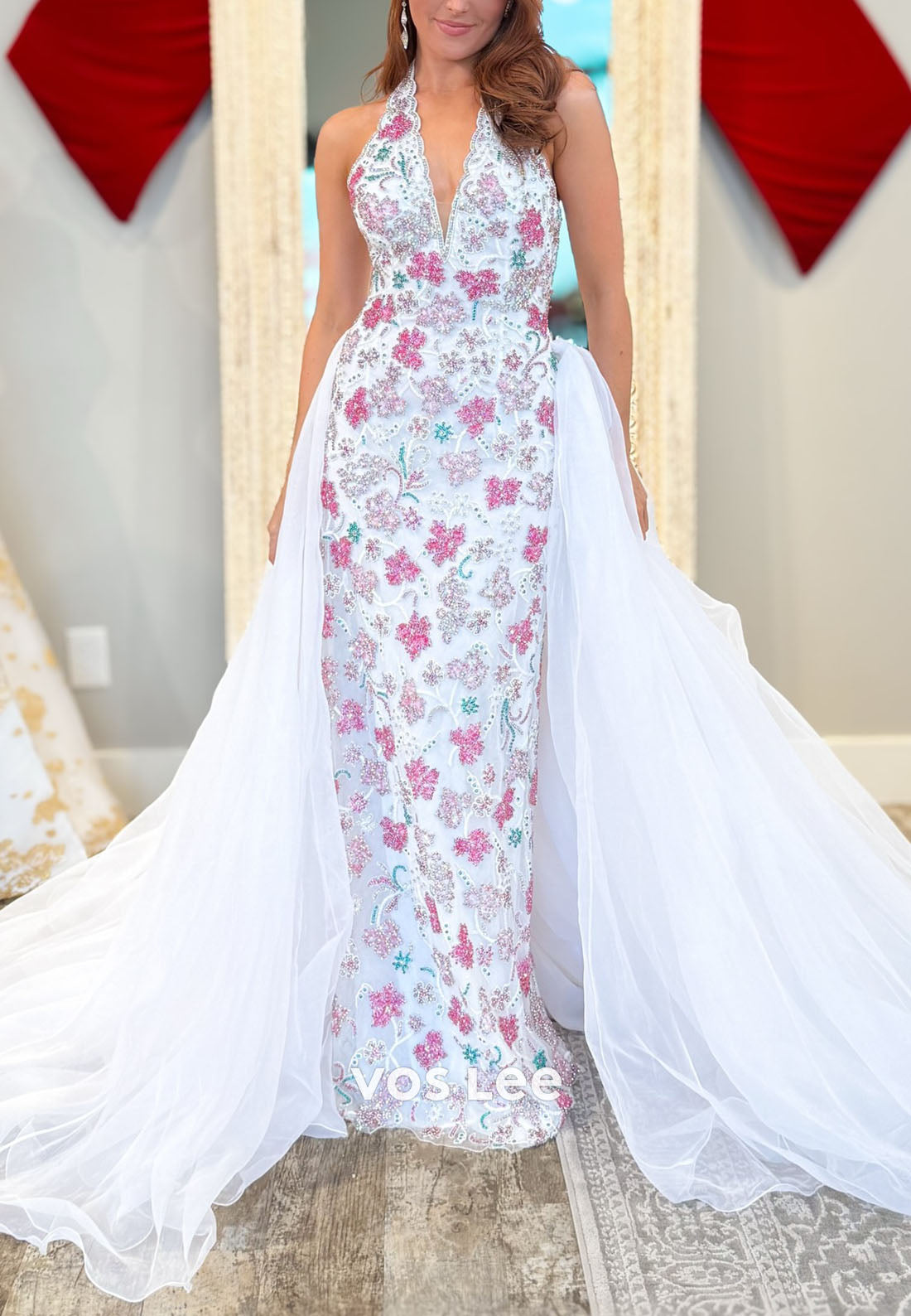 Sparkly Column Halter Neck Beading Long Prom Dress with Train