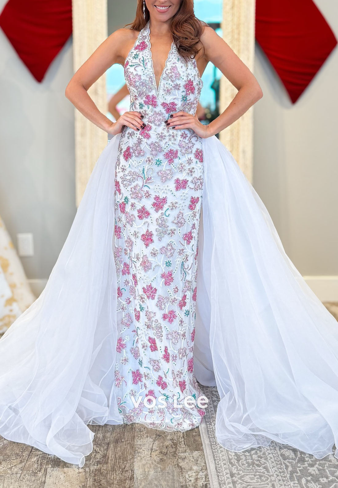 Sparkly Column Halter Neck Beading Long Prom Dress with Train