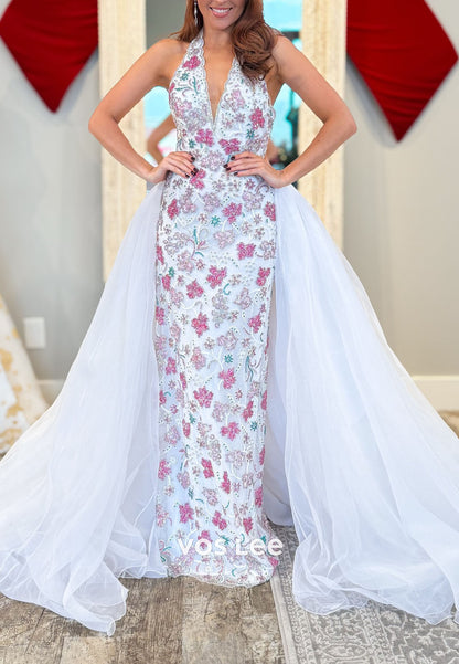 Sparkly Column Halter Neck Beading Long Prom Dress with Train