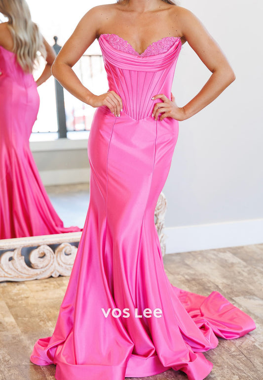 Sweetheart Corset Lace Appliques Mermaid Strapless Formal Prom Dresses