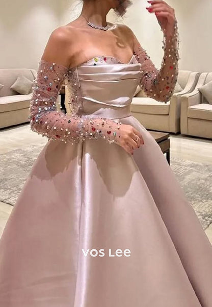 A-Line Sweetheart Colored Rhinestone Floor-Length 3/4 Sleeve Evening Dresses