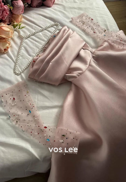 A-Line Sweetheart Colored Rhinestone Floor-Length 3/4 Sleeve Evening Dresses