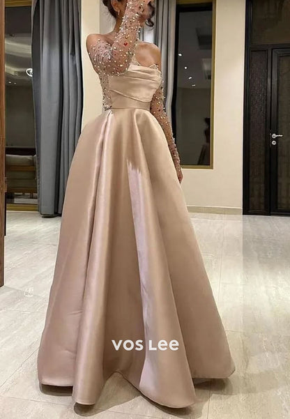 A-Line Sweetheart Colored Rhinestone Floor-Length 3/4 Sleeve Evening Dresses